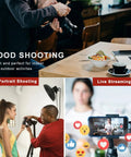 Lanxire 1/4-inch screw mount adapter for camera gear; shows food shooting, portrait lighting, and live streaming.