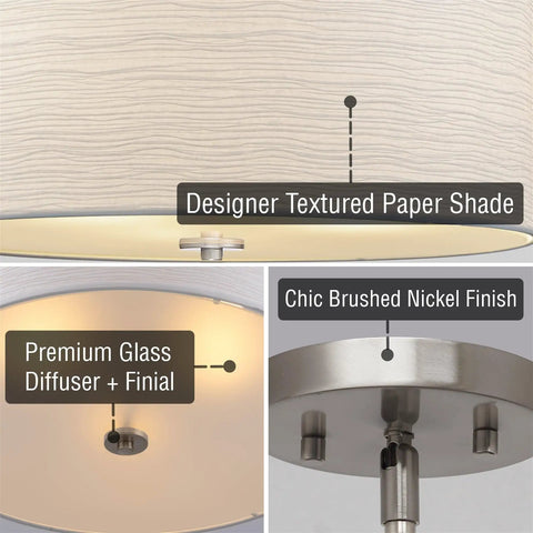 Close-up of Pearl 18 Inch Modern 3 Light Drum Pendant Chandelier With White Textured Shade Glass Diffuser Adjustable Height LED