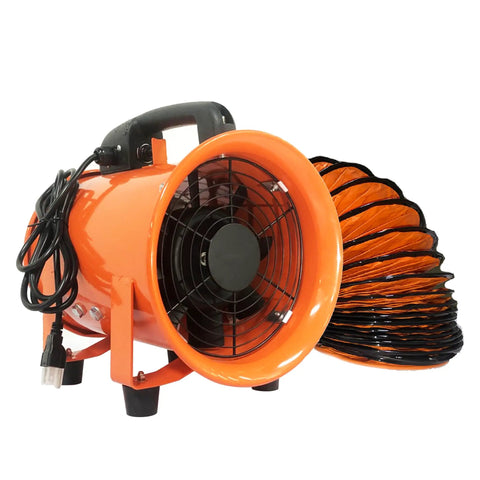 8 Inch Portable Axial Exhaust Fan With 900 CFM High Velocity Ventilator 230W Motor And 16 Ft Duct Hose, orange housing