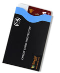 RFID Blocking Travel Sleeves Set With Color Coding Navy Blue Unisex Wallet Keeps Your Cards And Passports Safe From Skimming And Identity Theft While On The Go showing credit card protector sleeve.