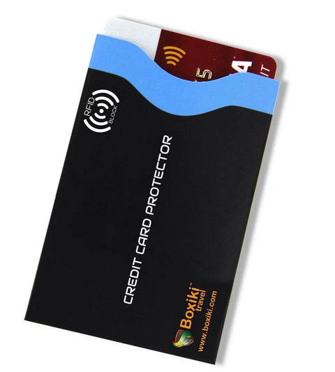 RFID Blocking Travel Sleeves Set With Color Coding Navy Blue Unisex Wallet Keeps Your Cards And Passports Safe From Skimming And Identity Theft While On The Go showing credit card protector sleeve.