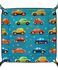 Slick Microfiber Leather Valet Tray For Nightstand And Desk, Handy Key Coin And Jewelry Catcher With Cartoon Car Grid Print, Compact Storage Organizer For Your Everyday Stash featuring colorful cartoon cars.