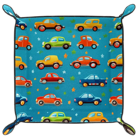 Slick Microfiber Leather Valet Tray For Nightstand And Desk, Handy Key Coin And Jewelry Catcher With Cartoon Car Grid Print, Compact Storage Organizer For Your Everyday Stash featuring colorful cartoon cars.