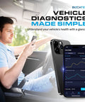 Man using 410 Bluetooth OBD2 Scanner with phone displaying diagnostics app interface in car