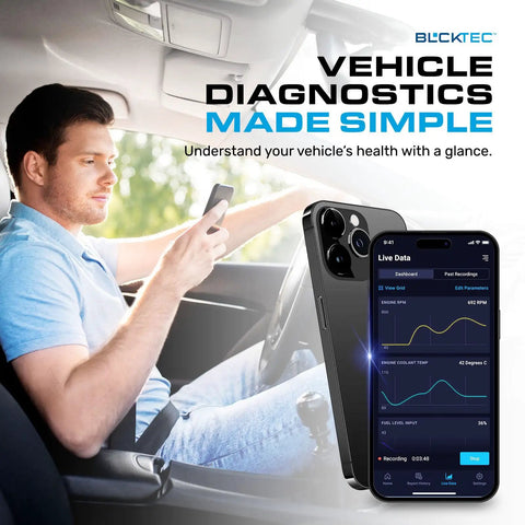 Man using 410 Bluetooth OBD2 Scanner with phone displaying diagnostics app interface in car