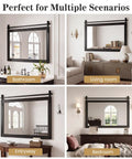 Top Tier Farmhouse Bathroom Mirror With Classic Barn Door Silhouette And Heavy Duty Black Metal Frame in bathroom and living room settings.