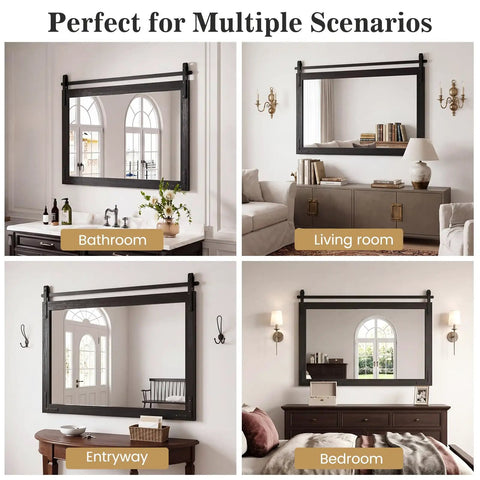 Top Tier Farmhouse Bathroom Mirror With Classic Barn Door Silhouette And Heavy Duty Black Metal Frame in bathroom and living room settings.