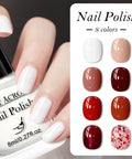 Hand applying Red Nail Polish Set With 8 Trendy Colors Including Nude Pink Shimmer, Dark Burgundy, Glitter Sequins, shown with shades