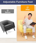 Comparison of armchairs with adjustable furniture feet before and after, emphasizing stability with 30 Piece Adjustable Furniture Feet Set With M6 Thread Levelers Galvanized Iron Screw On Sturdy Feet With Non Slip Base For Tables Chairs And Furniture Legs White Finish.