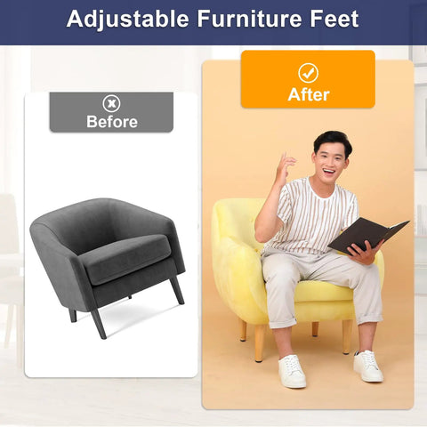 Before and after images of chair stability using Fifty Piece Adjustable Furniture Feet Set With Five Sixteenth Inch Thread Galvanized Iron Screw On Levelers For Tables Chairs And Furniture Legs Black Finish