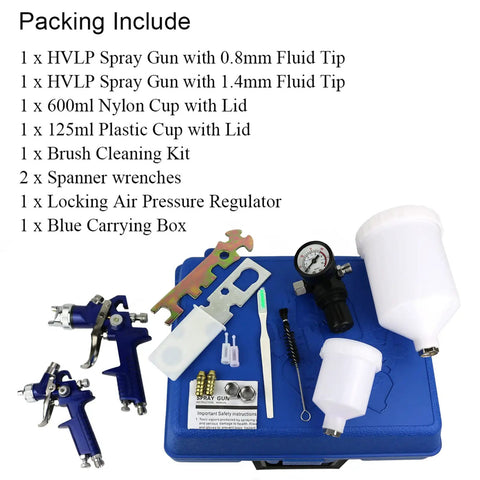 HVLP Gravity Feed Spray Gun Set With Locking Regulator Gauge, Dual Head Nozzles 0.8mm 150ml And 1.4mm 600ml on blue case