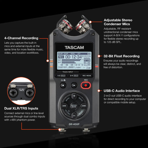 4 Channel Field Recorder With 32Bit Float And USB C Audio Interface, handheld recorder with XLR inputs and adjustable mics.