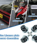 Dope Motorcycle License Plate Screws Four Piece Set Featuring Dice Bolt Decoration For Cars Bikes Hella Cool Custom Vehicle Hardware in use on a car and motorcycle.