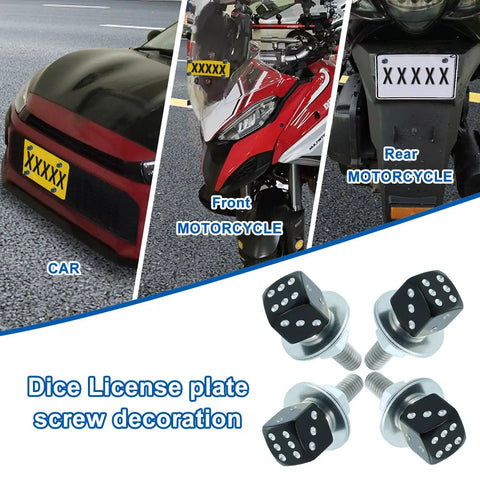 Dope Motorcycle License Plate Screws Four Piece Set Featuring Dice Bolt Decoration For Cars Bikes Hella Cool Custom Vehicle Hardware in use on a car and motorcycle.