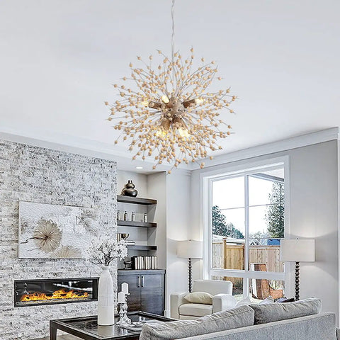Boho Dandelion Wooden Beads Chandelier With Eight Lights Dope Modern Firework Pendant Ceiling Light in living room setting