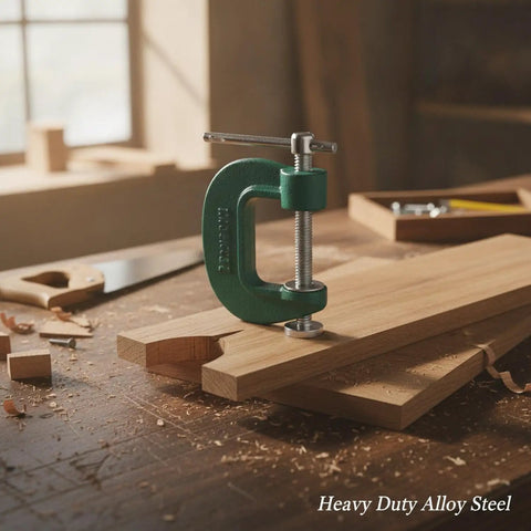 Heavy Duty Quick Adjust G Clamp For Woodworking And DIY Projects, 2.95 inch green alloy steel clamp securing wood pieces.