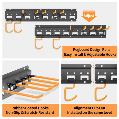 Garden Tool Organizer Wall Mount For Garage Storage And Yard Hanger With Adjustable Pegboard Hooks Shed Rack For Broom Mop Shovel Rake Trimmers And More, 48 Inch Max 550 Lbs Heavy Duty Black, showcasing adjustable rails with rubber-coated hooks, installed view.