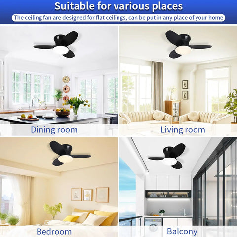 Compact Ceiling Fan With Light 25 Inch Flush Mount Remote Control Dimmable LED 6 Speeds Reversible Quiet DC Motor Black