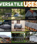 Various uses of Heavy Duty Waterproof Tarp 10x16 Feet 14 Mil Pro Grade Poly With Metal Grommets in camping and outdoor covers.