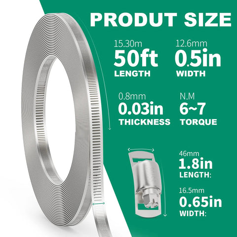 Hose clamps coil, stainless steel, adjustable worm-gear band for pipes, ducts, and tubes