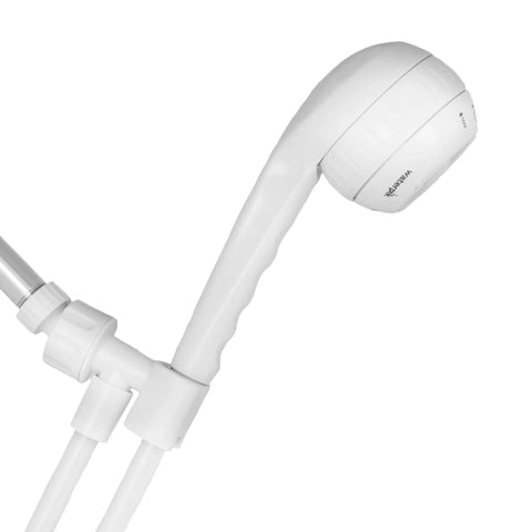 White Sm451E 1.8 GPM PowerSpray Plus Shower Massage Head with handheld hose and adjustable bracket side view