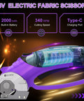 Heavy Duty Cordless Electric Scissors 4V Rechargeable Rotary Cutter showing built-in battery, 340 RPM speed, and Type-C port.
