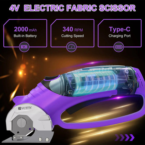 Heavy Duty Cordless Electric Scissors 4V Rechargeable Rotary Cutter showing built-in battery, 340 RPM speed, and Type-C port.