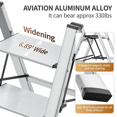 Two Step Folding Ladder With Anti Slip Wide Pedals, Grab And Go Portable Lightweight Stepladder For Home Kitchen shown with wide steps and triangular support.
