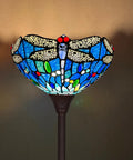 Tiffany Style Stained Glass Torchiere Floor Lamp 70 Inches Tall With Blue Dragonfly Accent Industrial Pole Craft