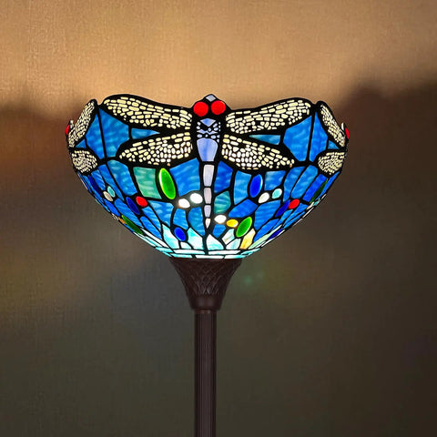 Tiffany Style Stained Glass Torchiere Floor Lamp 70 Inches Tall With Blue Dragonfly Accent Industrial Pole Craft