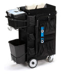 Kickass Heavy Duty Rolling Painters Cart With 5 Gallon Bucket Storage And Pro Tool Set showing tool compartments and solid wheels.