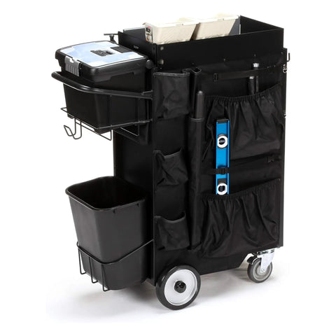 Kickass Heavy Duty Rolling Painters Cart With 5 Gallon Bucket Storage And Pro Tool Set showing tool compartments and solid wheels.