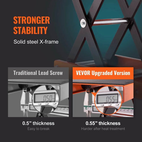 Close-up of Heavy Duty Motorcycle Lift with Wide Deck and 1100 lbs Capacity, Scissor Jack with steel X-frame stability.