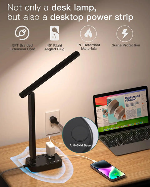LED Desk Lamp With Built In Power Strip, 3 Outlets And 4 USB Ports Including 2 USB C, Killer Lighting Modes And Five Level Brightness on desk