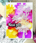 Cute Chamomile Silicone Clear Stamp and Die Set for Card Making and Scrapbooking with colorful background art.