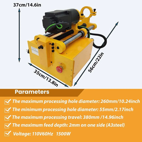 Yokoma 110V portable line boring machine with 4.92ft drilling bar and control handle, yellow metal housing front view