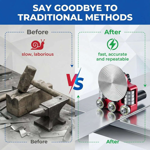 Comparison of traditional hammer metal bending with Single Station Sheet Metal Bender Tool for fast, precise roof edges.