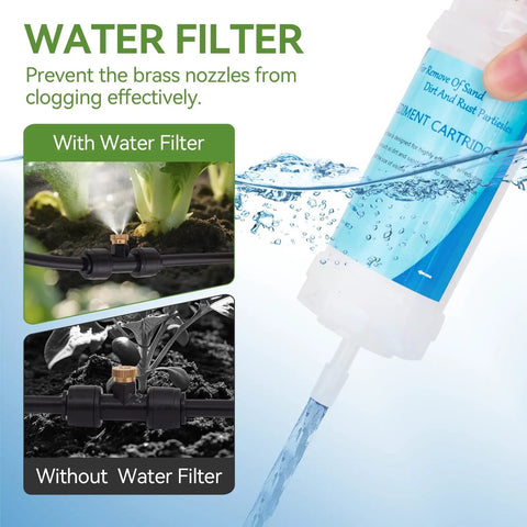 Comparison of 120Ft Outdoor Misting System With 28 Brass Nozzles And 2 Water Filters DIY Misting Kit showing filtered vs. unfiltered water.