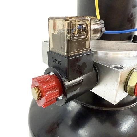 Close-up of solenoid valve on Dinenovate 12V Small Hydraulic Power Unit 800W Single Valve Pump Station with 6L Tank.