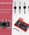 Five Piece Countersink Drill Bit Set With Low Friction Depth Stop For Woodworking, HSS M2 Tapered Bits and carbide bits in box