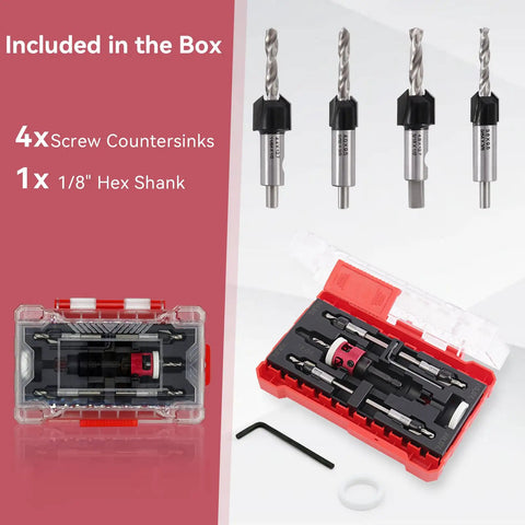 Five Piece Countersink Drill Bit Set With Low Friction Depth Stop For Woodworking, HSS M2 Tapered Bits and carbide bits in box