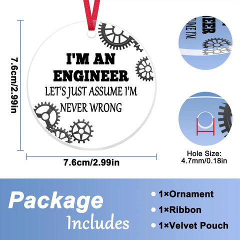 Mechanical Engineer Ornament Gift For Engineers And Engineering Students Christmas Decor Keepsake With Lanyard And Velvet Pouch, 3-inch acrylic with gears design and red ribbon.