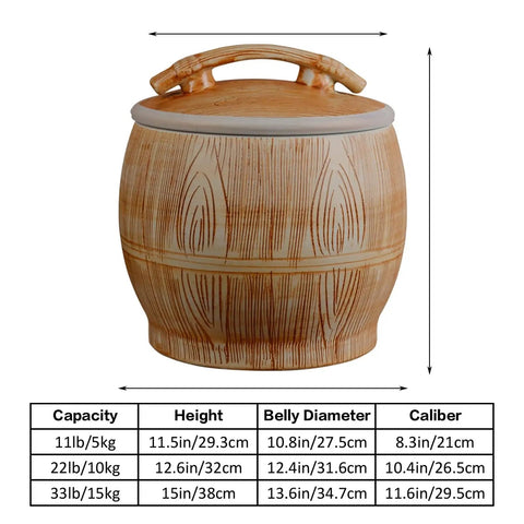Handpainted Ceramic Rice Dispenser With Secure Airtight Lid, Heavy Duty Kiln Fired Grain Jar And All Purpose Kitchen Canister For Snacks Coffee Beans Candy, side view with measurements.