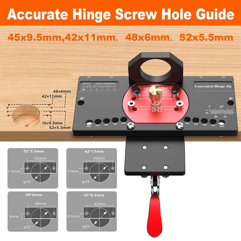 Accurate hinge screw hole guide with concealed hinge jig for 35mm cabinet doors, featuring quick clamp and dust vacuum adapter.