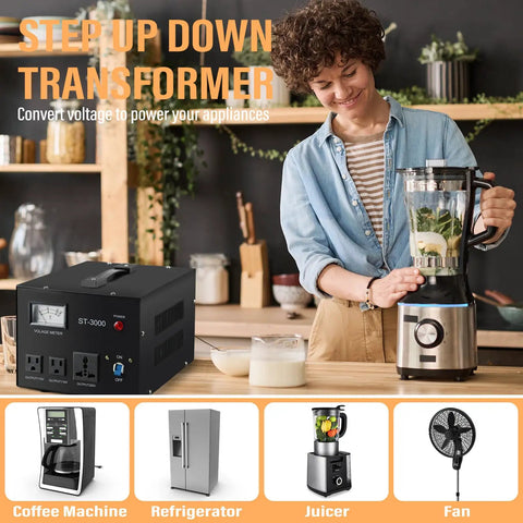 Beefy Step Up Down Voltage Transformer Converter With Built In Meter For 110V Or 220V Use, Circuit Breaker Protection, Heavy Duty Cord, Lightweight Yet Solid, Regulates Input From 85 To 130 Or 180 To 260 Volts To Output 110V Or 220V