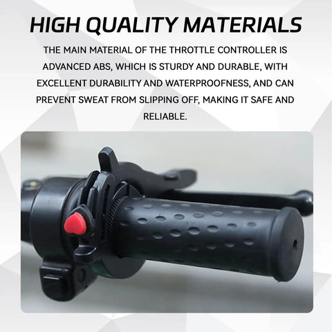 Close-up of Rock Solid Motorcycle Cruise Control With Non Slip Adjustable Throttle Lock, highlighting ABS material and grip.