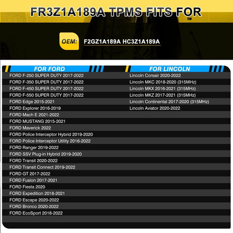 315MHz Tire Pressure Monitor System Sensor 4 Pack Easy Install Plug And Play Fits Ford F Series F150 F250 F350 F450 Escape 2020 2022 Fusion 2017 2021 Bronco EcoSport Edge Lincoln MKX 2016 2021 MKC Nautilus 2019 2021, TPMS fit chart