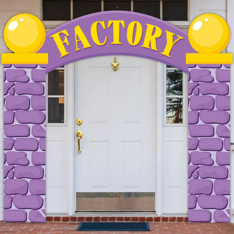Purple Party Door Arch Decor Set With Top Banner And Door Covers over white door for photo props and event decor.