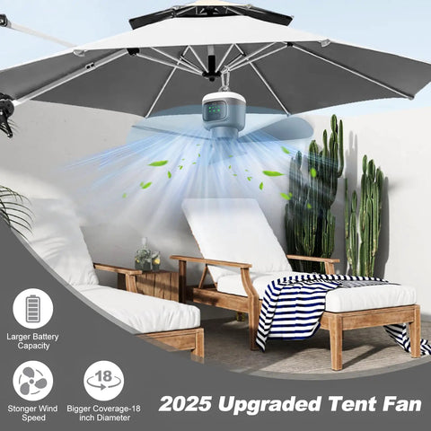 18 Inch Canopy Fan With Light Portable Rechargeable 12000mAh Cordless Outdoor Ceiling Fan For Gazebo Tent Patio Camping hanging from umbrella