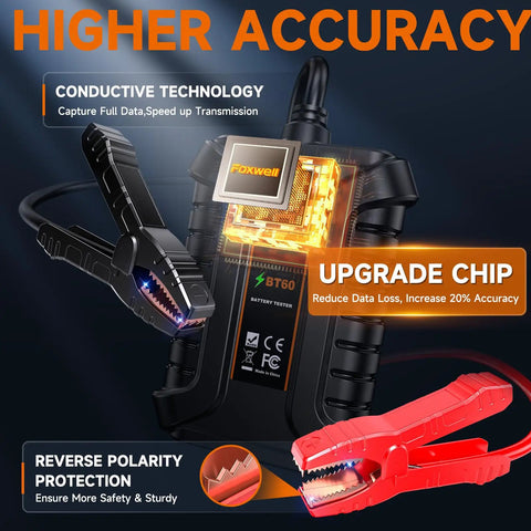BT60 Bluetooth Battery Tester For 12V Vehicles 100 To 2000 CCA Load Tester With Wireless App Control IOS Pro Grade Smart Diagnostic Tool For Quick Daily Battery Checks, clamp close-up